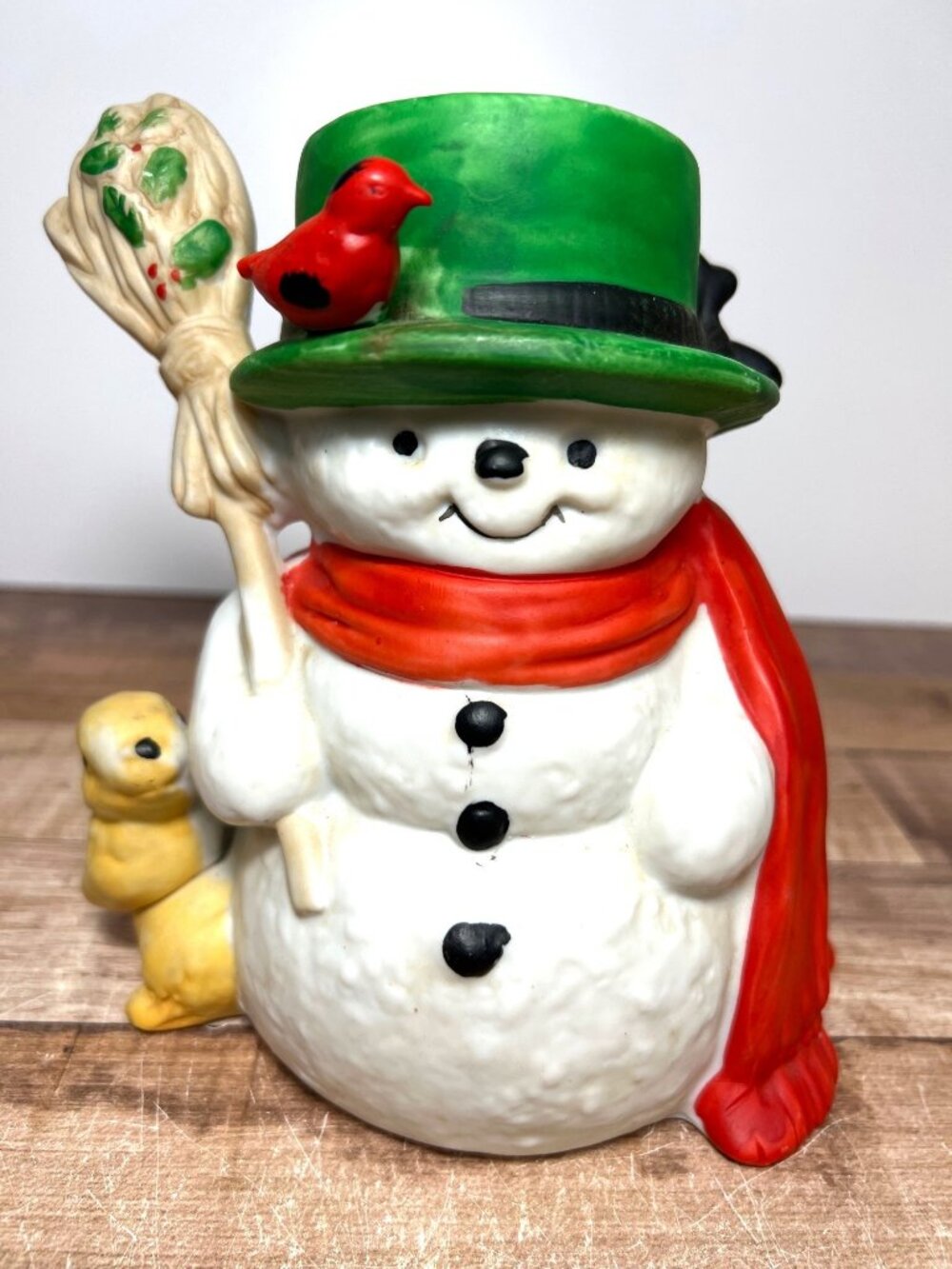 Snowman Ceramic Music Box With Green Hat Red Scarf Cardinal Bunny And Broomstick